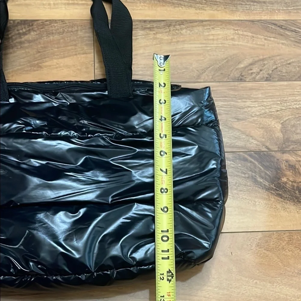 NWOT Shiny Black Glossy Puffer Tote Bag. Zipper, Double Shoulder Straps